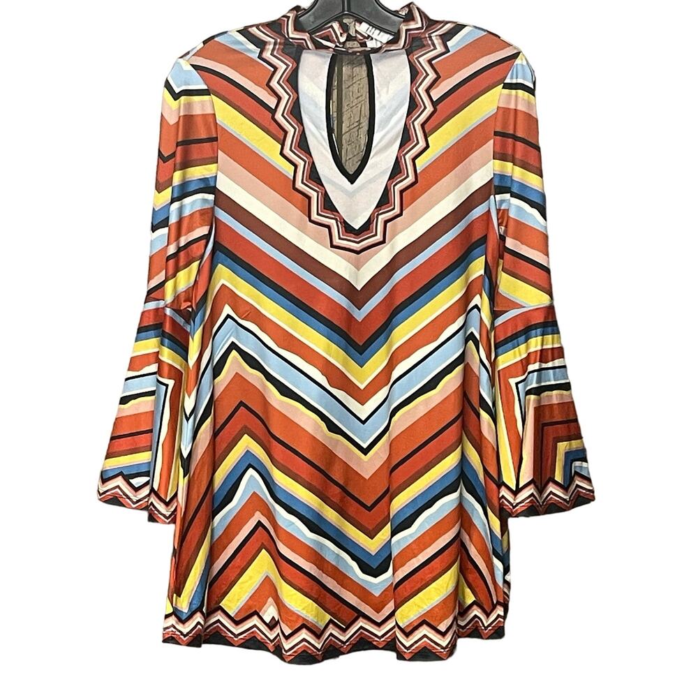 NITT by Flying Tomato chevron top 70s groovy bell sleeve rust blue yellow size S